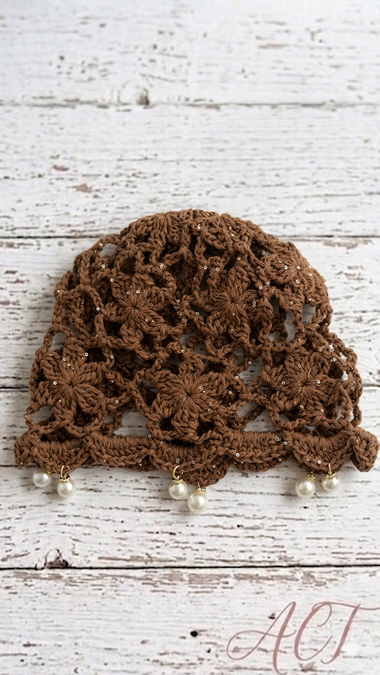 Gorro crochet flor perlas