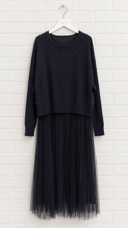 Vestido de Punto Bordado y Tul +3 colores