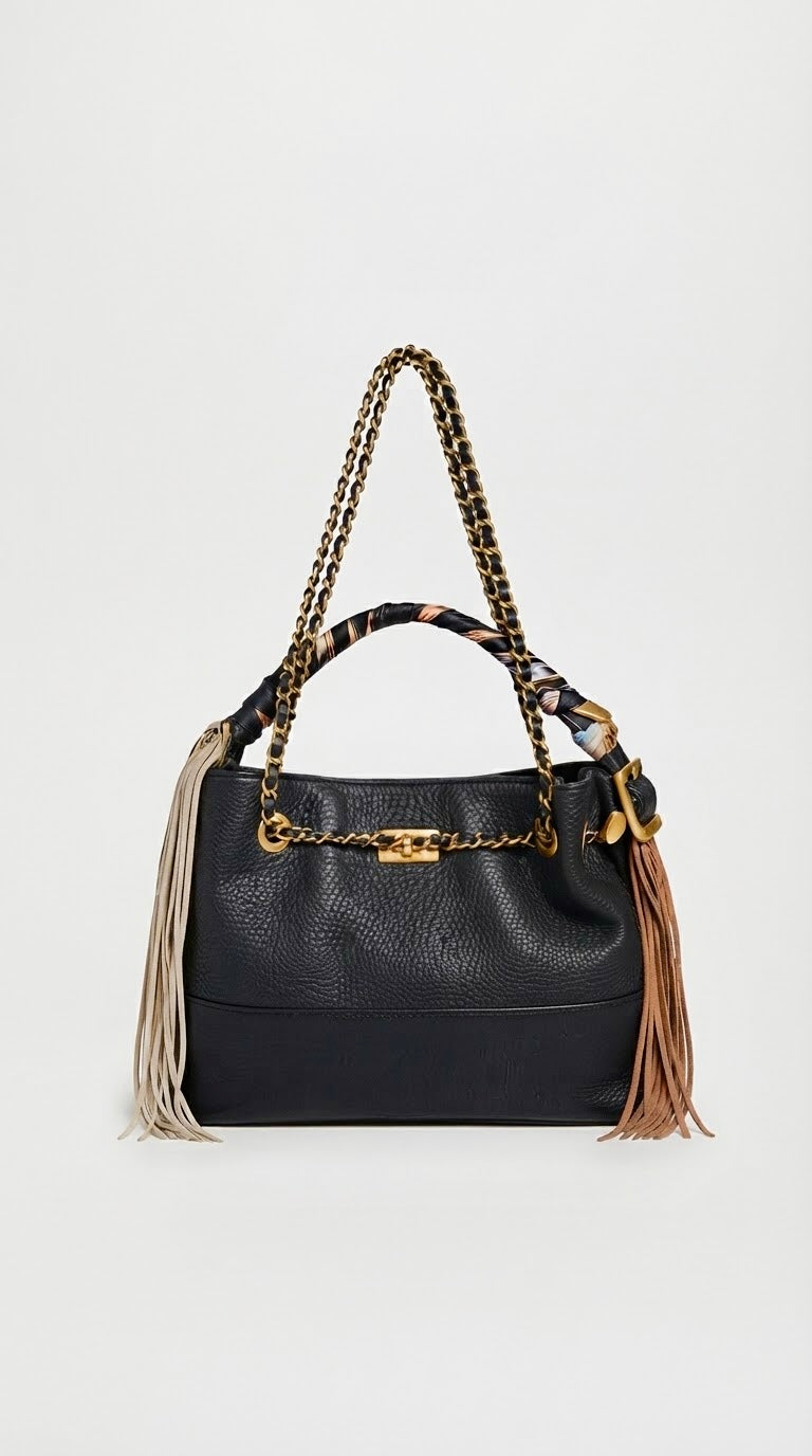 Bolso Noir de Hombro y Bandolera con Cadena y Flecos