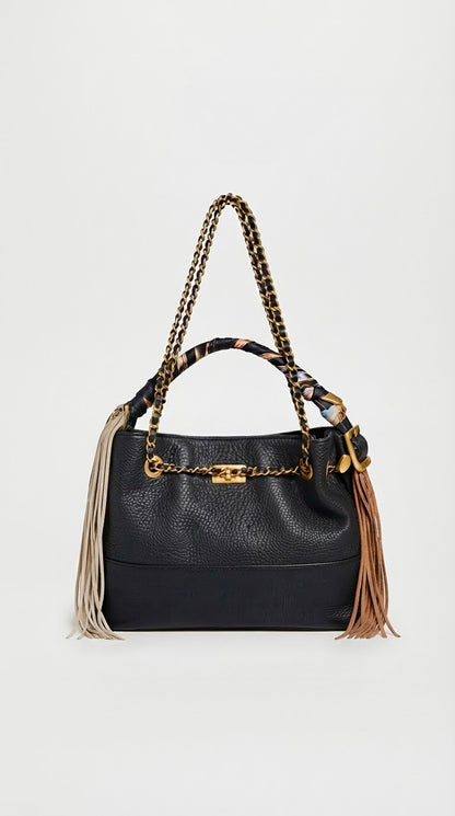 Bolso Noir de Hombro y Bandolera con Cadena y Flecos