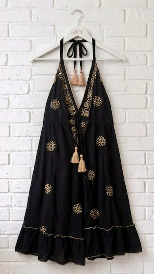 Vestido mini boho con bordados y espejos