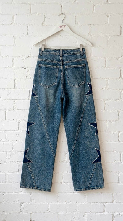 Jeans Wide Leg con Estrellas de Estrás.